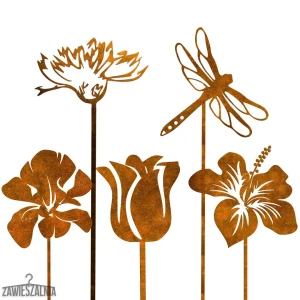 Gartenschmuck-Hänger – rostfarbenes Set mit 5 Dekorationen und Stahl-Libelle XXL 99 cm