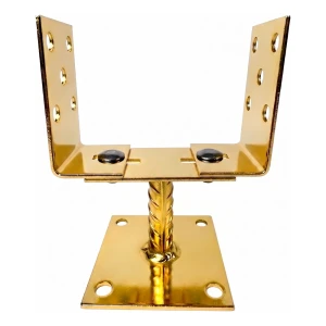 Pfostenträger höhenverstellbar zum Aufschrauben (mit Blech) 0–125 mm – Blech 3 mm, goldfarben verzinkt