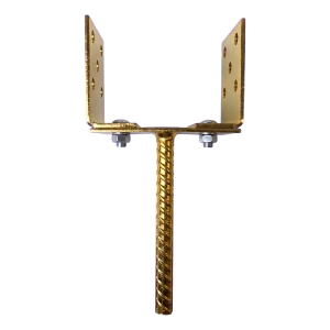 Pfostenträger höhenverstellbar zum Einbetonieren (mit Stab) 0–165 mm – Stab 190 mm, Blech 3 mm, gold verzinkt