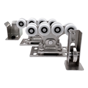 Laufwagen-Paket für Profil 68x68 mm mit Kunststoffrollen, mit Auflaufrolle und Auflaufhalter