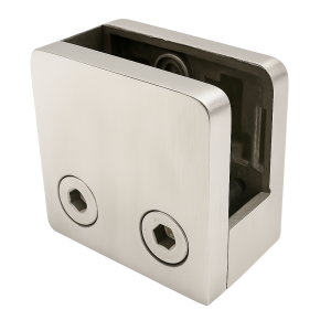 Glashalter 45x45x26 mm mit Pin-Halterung Glas 6–10,76 mm AISI 304 Flachsystem Satin