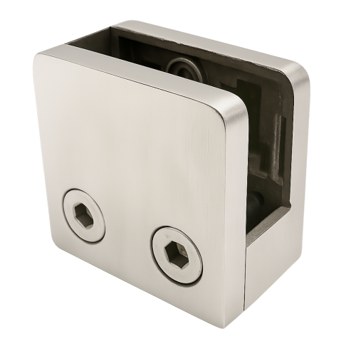 Glashalter 45x45x26 mm mit Pin-Halterung Glas 6–10,76 mm AISI 304 flaches System Satin 000-268 (1)